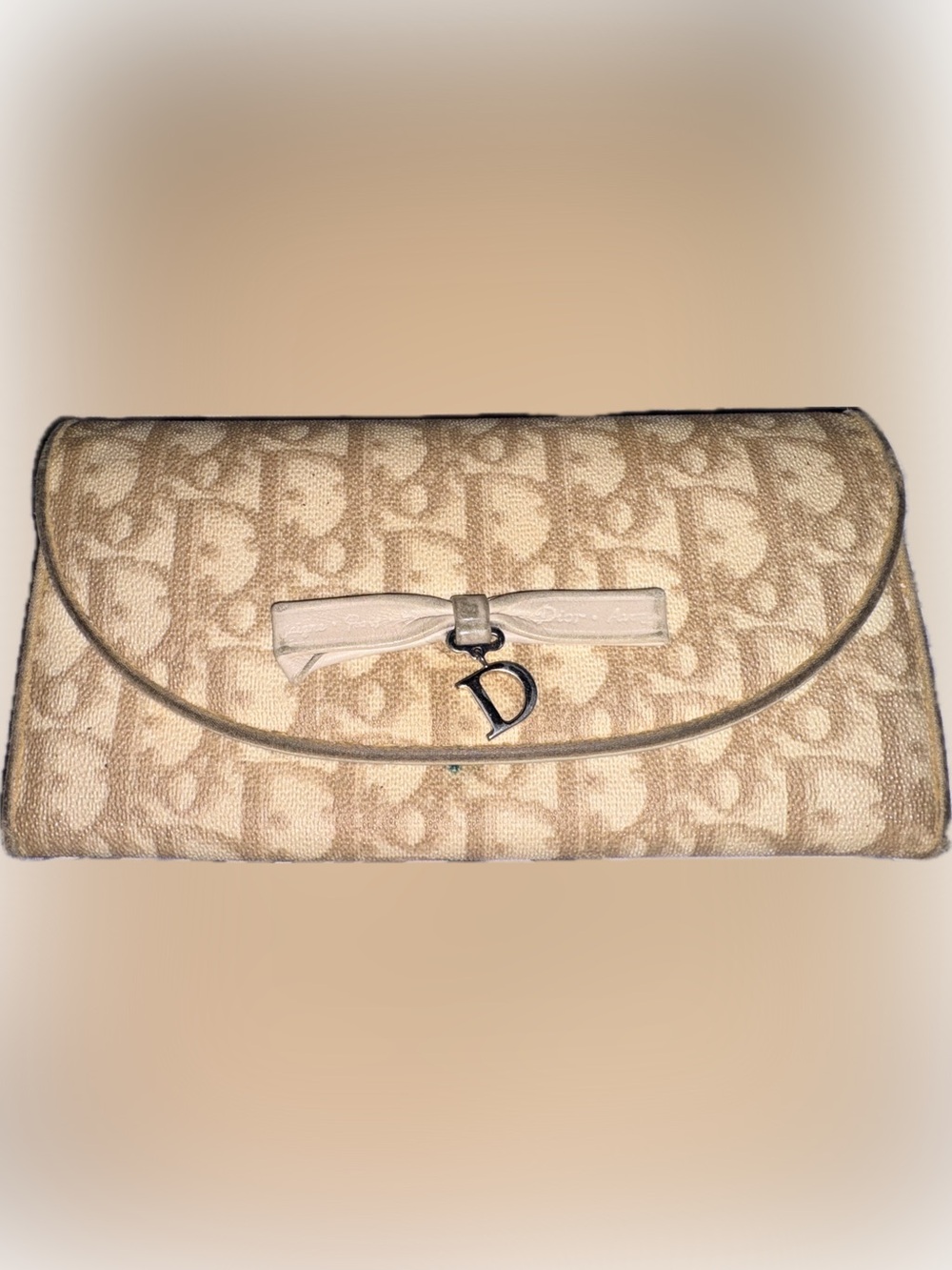 Dior Beige Monogram Clutch with Bow and 'D' Charm